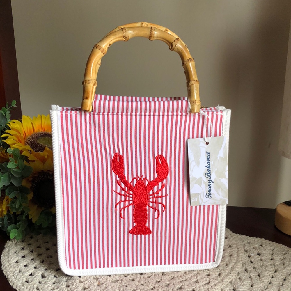 TOMMY BAHAMA Striped Red Lobster Tote Handbag with Bamboo Handles